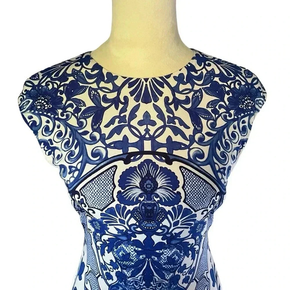 Boston Proper China Lattice Sheath Floral Blue White Mini Dress Women Size 10 - Picture 5 of 7